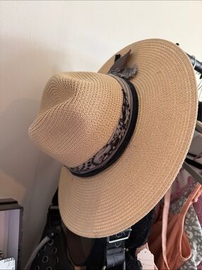 Straw Sun Hat with Black and Floral Band - Women Accessories